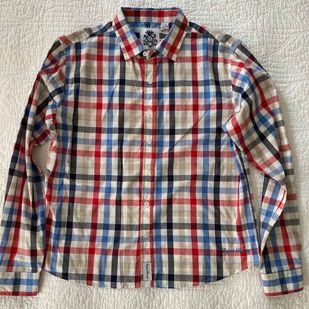 English Laundry Red, Blue and Tan Plaid Shirt, Boy’s XL